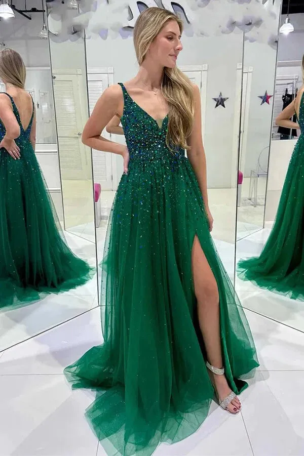 A-line Dark Green V Neck Sequined Tulle Prom Dresses PSK486