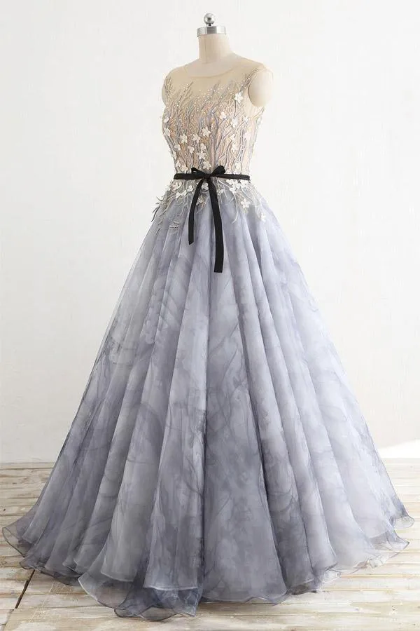 A-line Gray Rround Neck Tulle Long Prom Dress Grey Evening Dress   PSK010