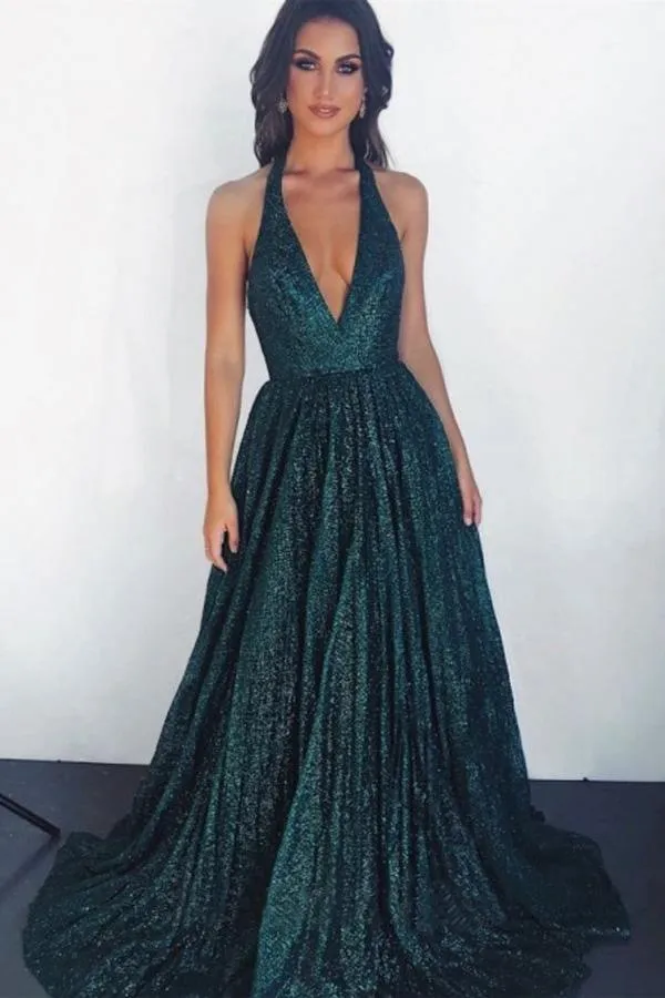 A-Line Halter Deep V Neck Dark Green Prom Evening Dresses PSK230