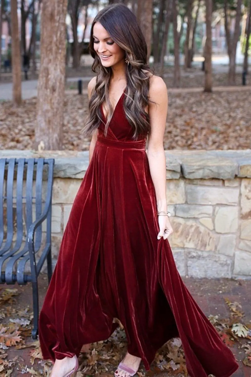 A Line Halter V Neck Backless Ankle Length Burgundy Prom, Backless Wine Red Velet Formal, Maroon Evening