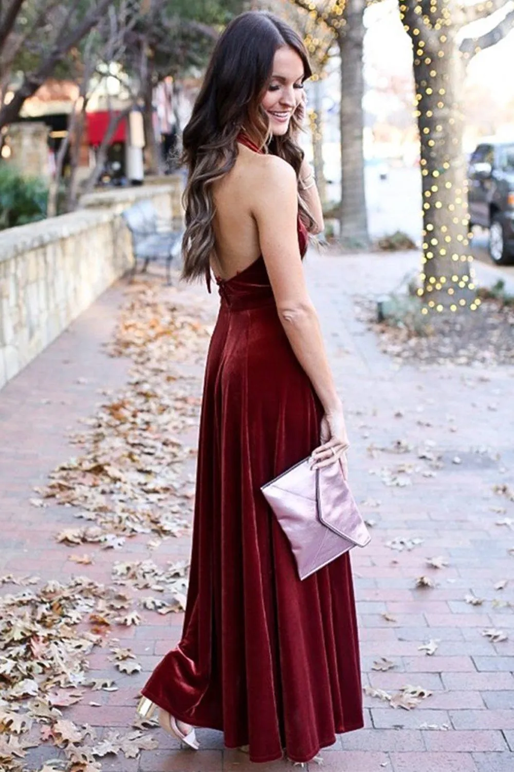 A Line Halter V Neck Backless Ankle Length Burgundy Prom, Backless Wine Red Velet Formal, Maroon Evening