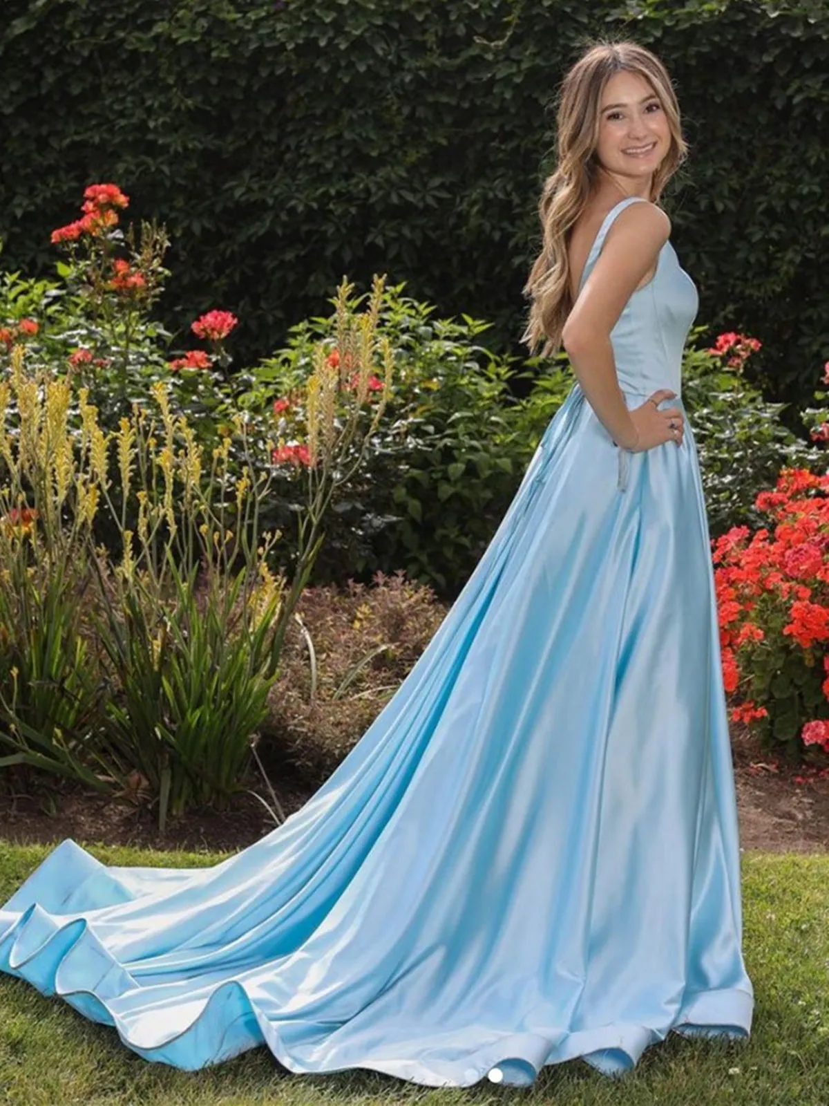 A Line Open Back Blue Satin Long Prom, Long Blue Formal Evening