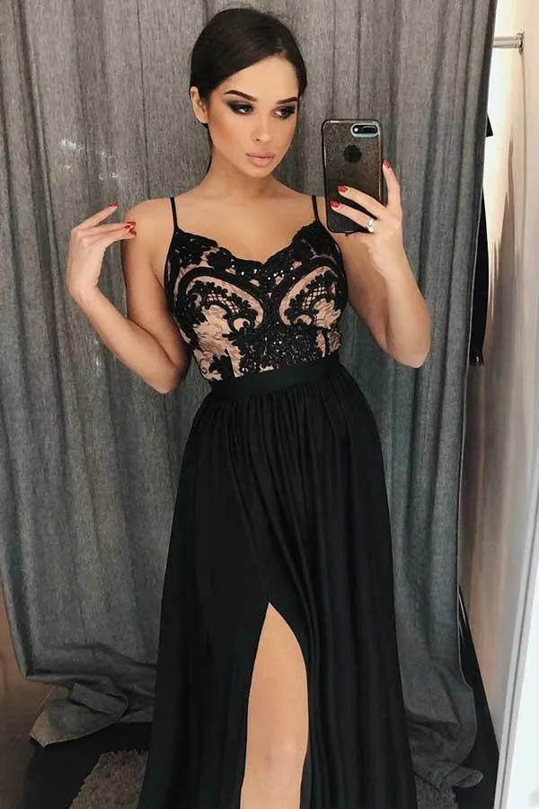 A-Line Spaghetti Straps Black Satin Prom Dress with Lace Split PG669