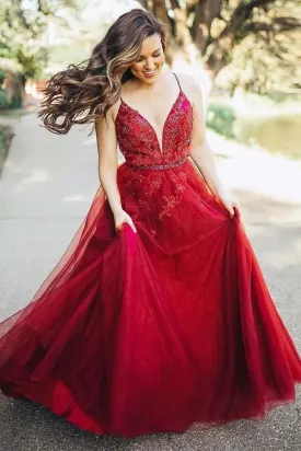 A-Line Spaghetti Straps Burgundy Prom Party Dress with Appliques Beading PG779