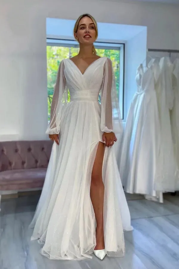 A-Line Sparkly V-Neck Long Sleeves Beach Wedding Dress WD750