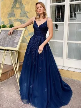 A Line V Neck Backless Navy Blue Lace Long Prom 2020, Open Back Navy Blue Lace Formal, Navy Blue Lace Evening