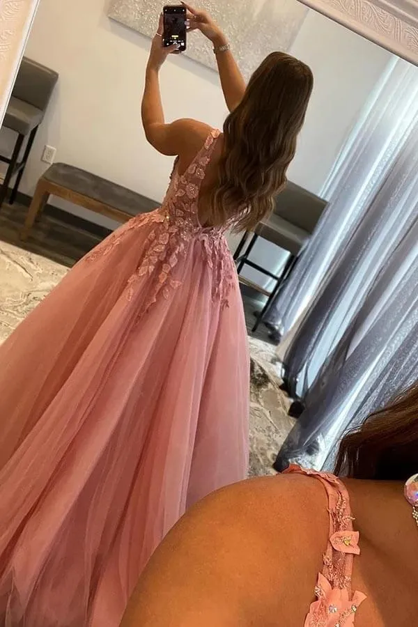 A-Line V Neck Tulle Appliques Blush Pink Prom Dress with Slit PSK472