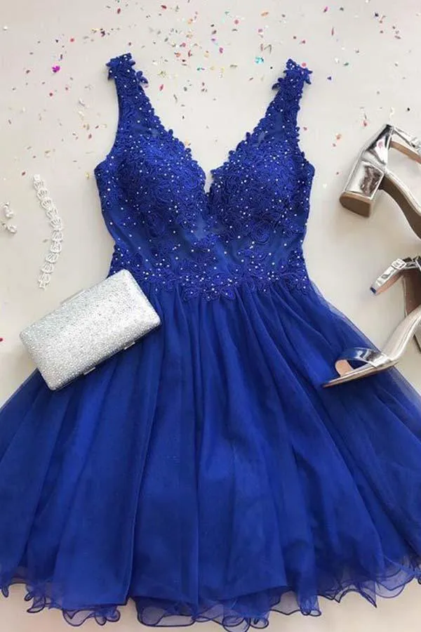 A Line V Neck Tulle Beaded Royal Blue Homecoming Dresses with Appliques  PD261