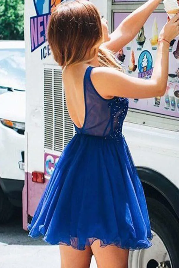 A Line V Neck Tulle Beaded Royal Blue Homecoming Dresses with Appliques  PD261