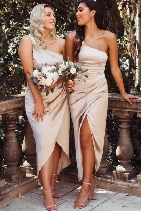 Asymmetrical One Shoulder Satin White Bridesmaid Dress  BD097