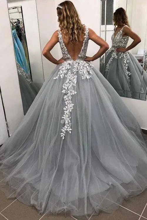 Ball Gown Grey V Neck Long Prom Dresses Tulle Evening Dresses PG847