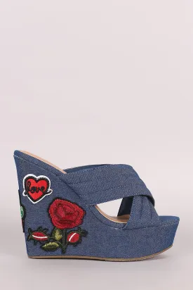 Bamboo Quilted Denim Cross Band Heart Patch Platform Wedge