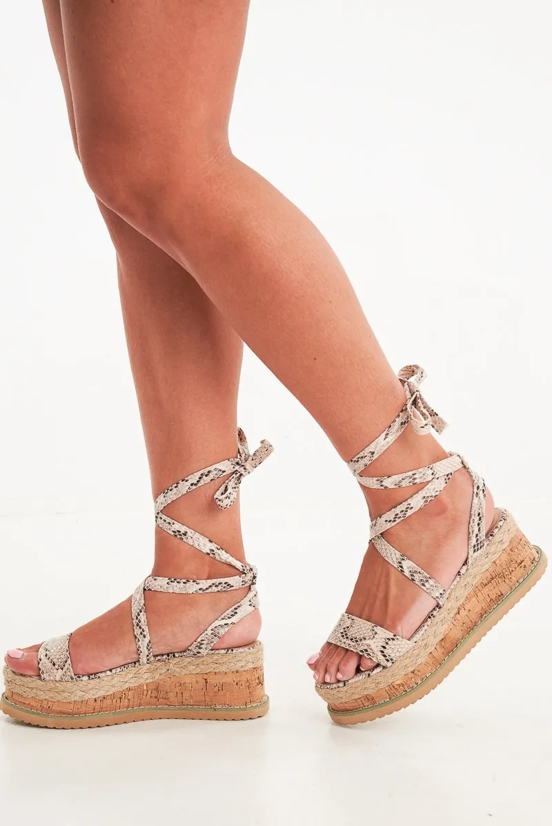 Beige Snake Print Lace Up Platform Wedges - Camara