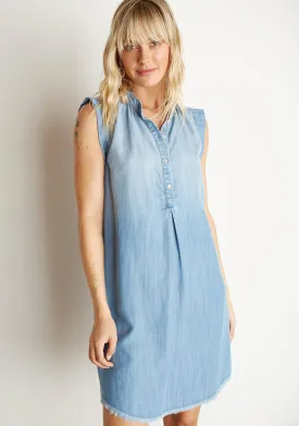 BELLA DAHL - Fray Hem Capsleeve Pleat Front Dress in Silverlake Wash