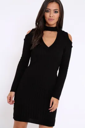 Black Cold Shoulder and V Neck Cut Out Dress - Riona