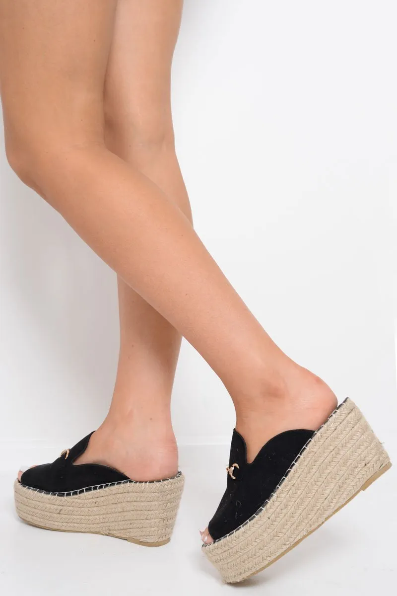 Black Faux Suede Rope Braid Mule Wedges - Saori