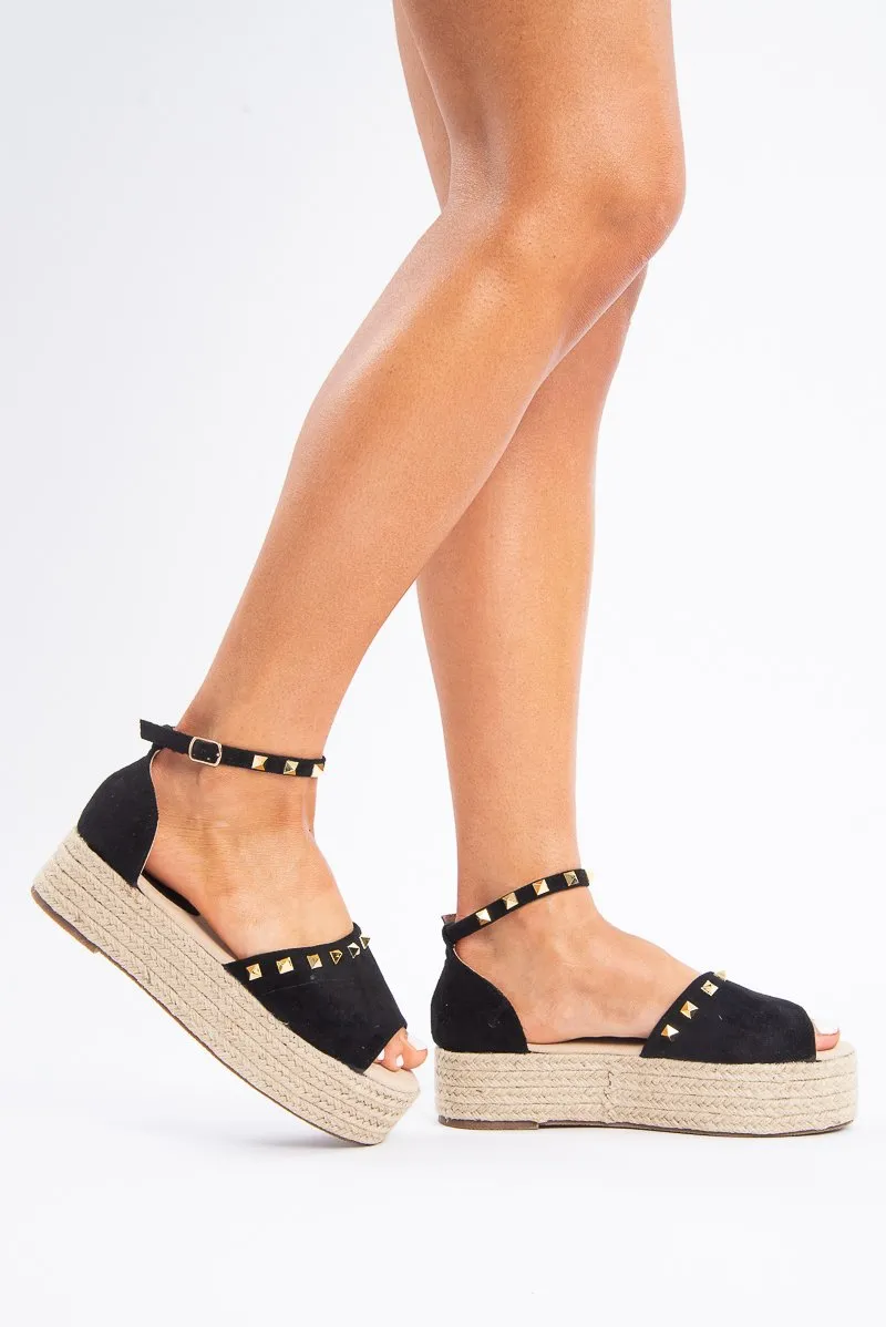 Black Gold Studded Platform Wedges - Camry