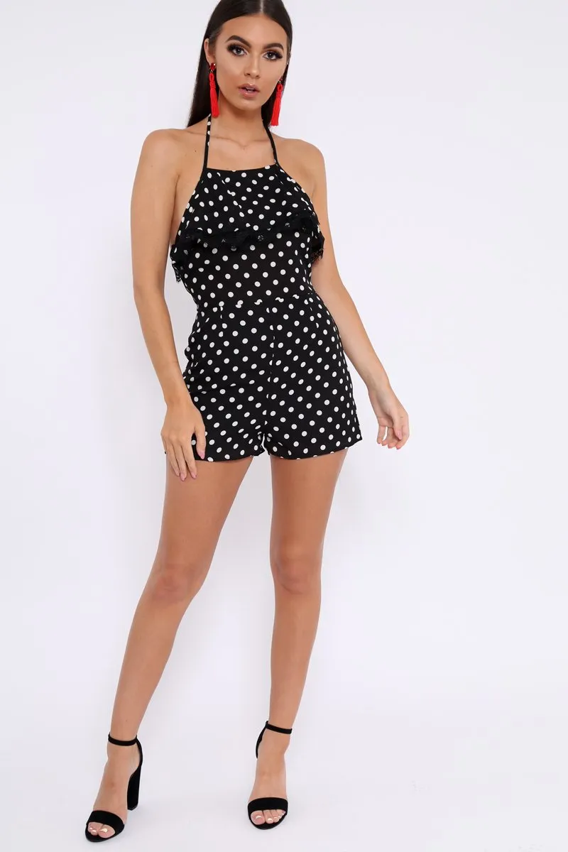 Black Polka Dot Halterneck Frill Playsuit - Tilly