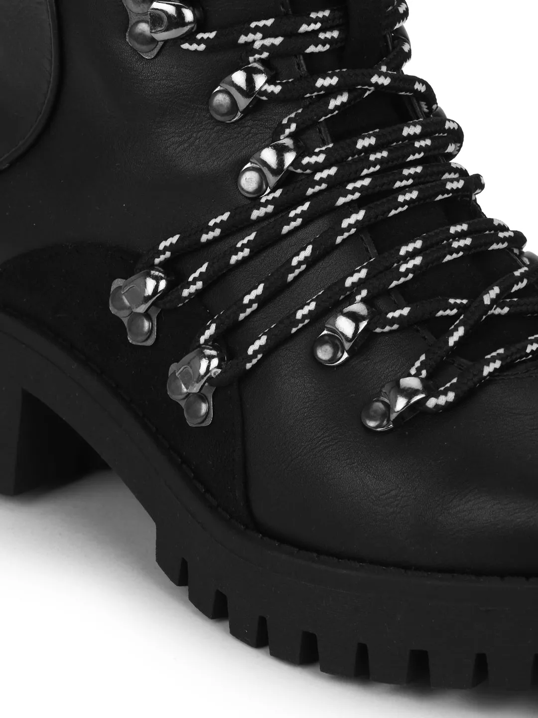 Black Pu B&W Laced Flat Ankle Boots