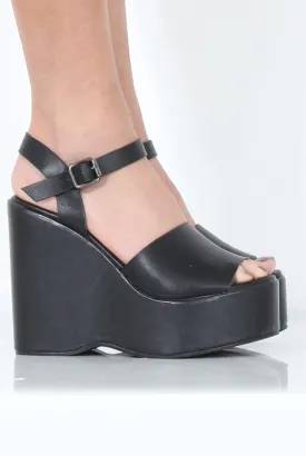 Black PU Open Toe Wedges - Kendi