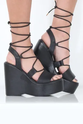 Black PU Tie Up Wedges - Dayna