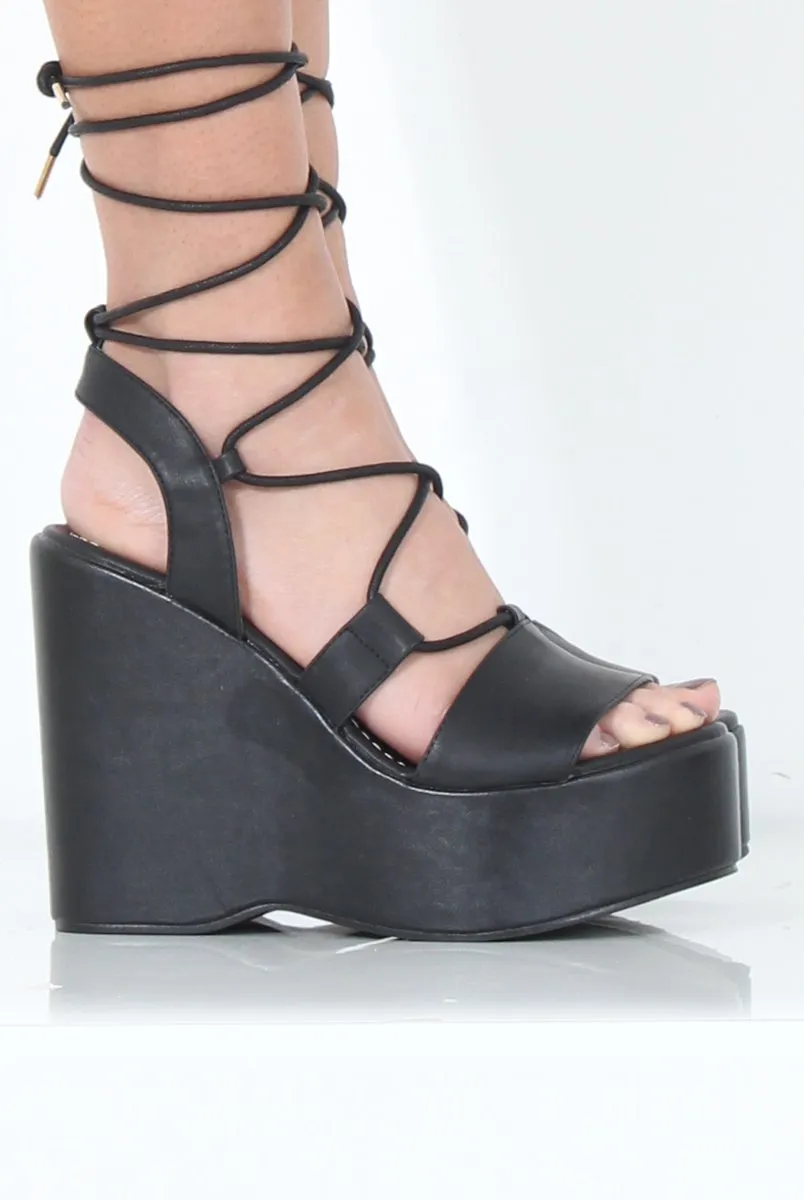 Black PU Tie Up Wedges - Dayna