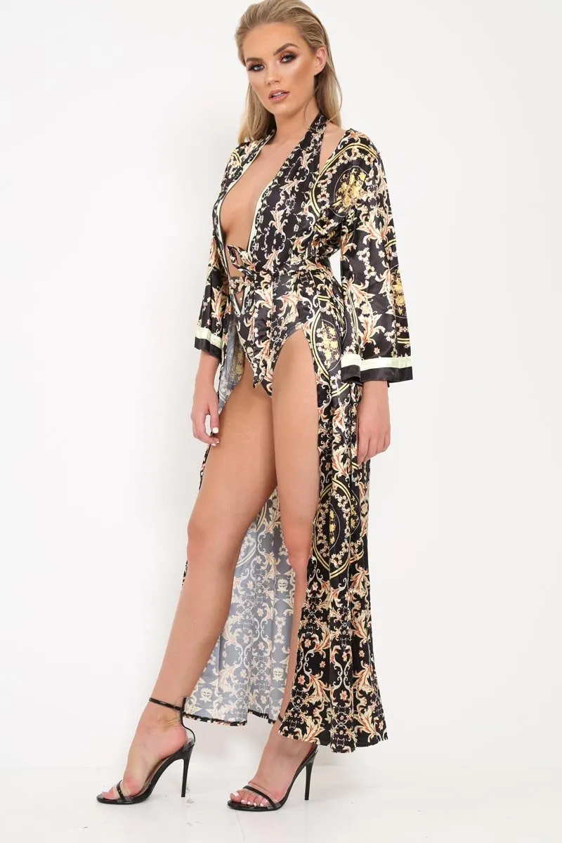 Black Scarf Print Kimono And Bodysuit Co-Ord -Heavenlee