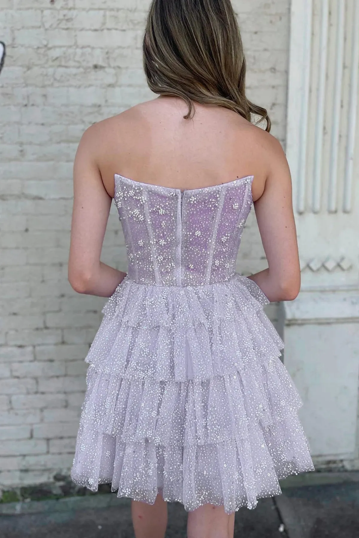 Bling Bling Strapless Layered Lilac Short Prom Dress, Strapless Lilac Homecoming Dress, Lilac Formal Evening Dress A1920