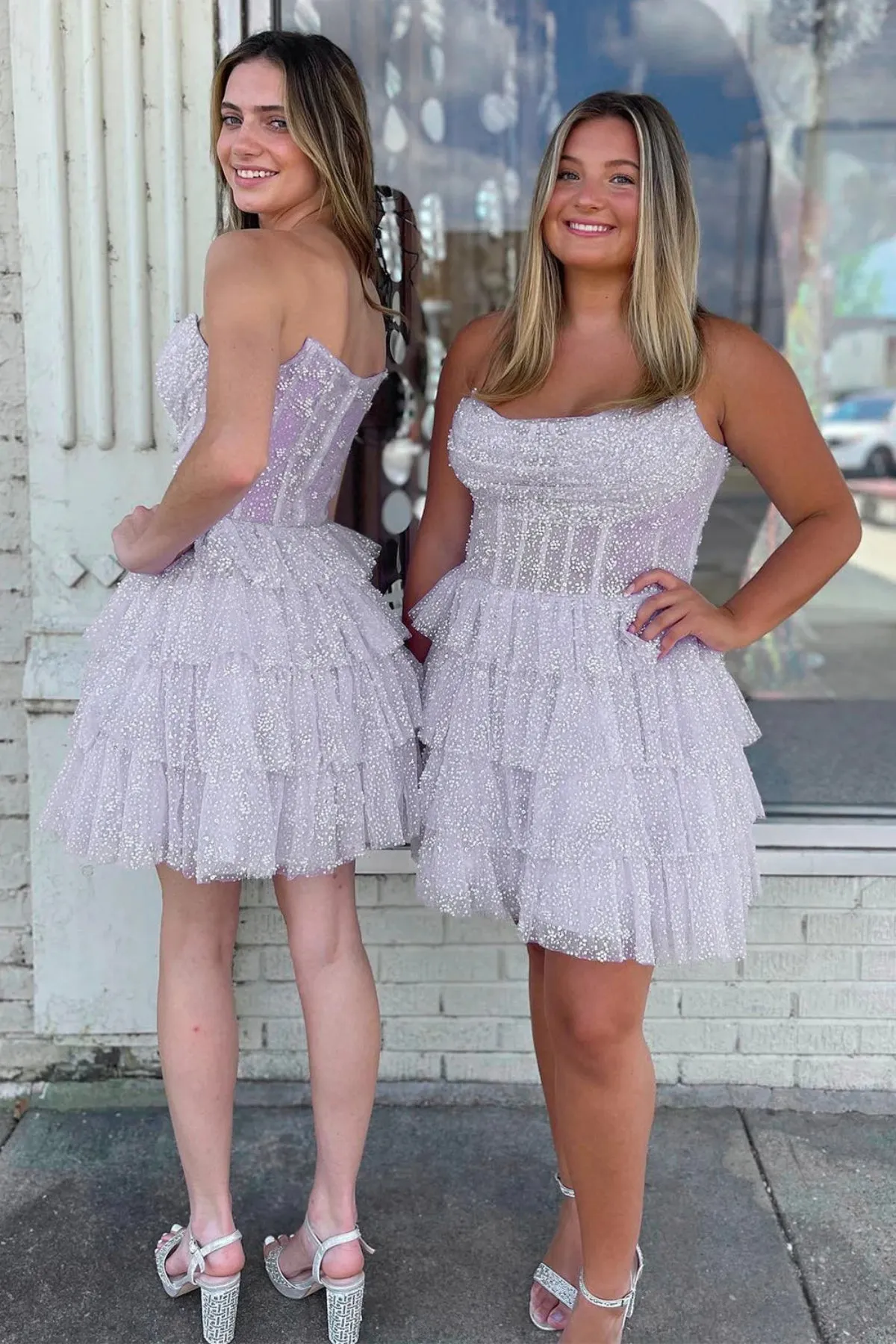 Bling Bling Strapless Layered Lilac Short Prom Dress, Strapless Lilac Homecoming Dress, Lilac Formal Evening Dress A1920