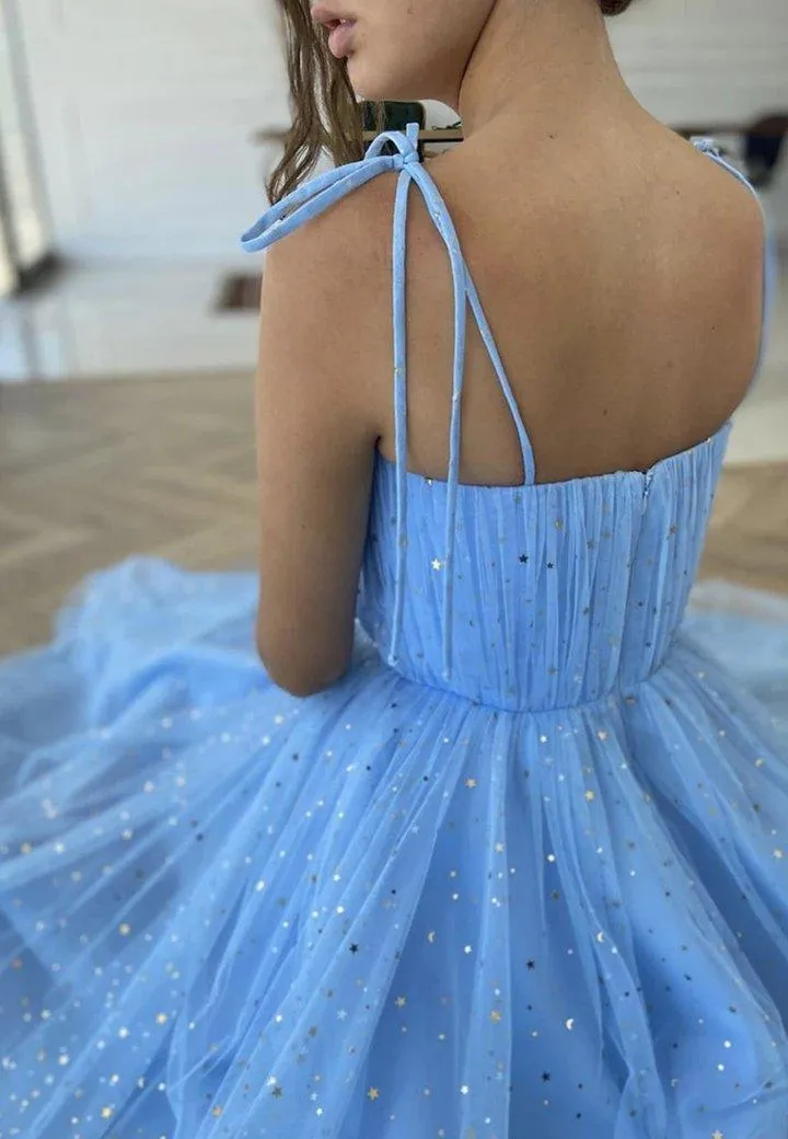 Blue Tulle Sequins Tea Length Prom Dress Party Dress Homecoming Dress PD430