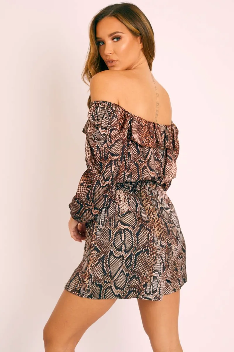 Brown Snake Print Bardot Crop Top Belted Shorts Co-ord - Sage