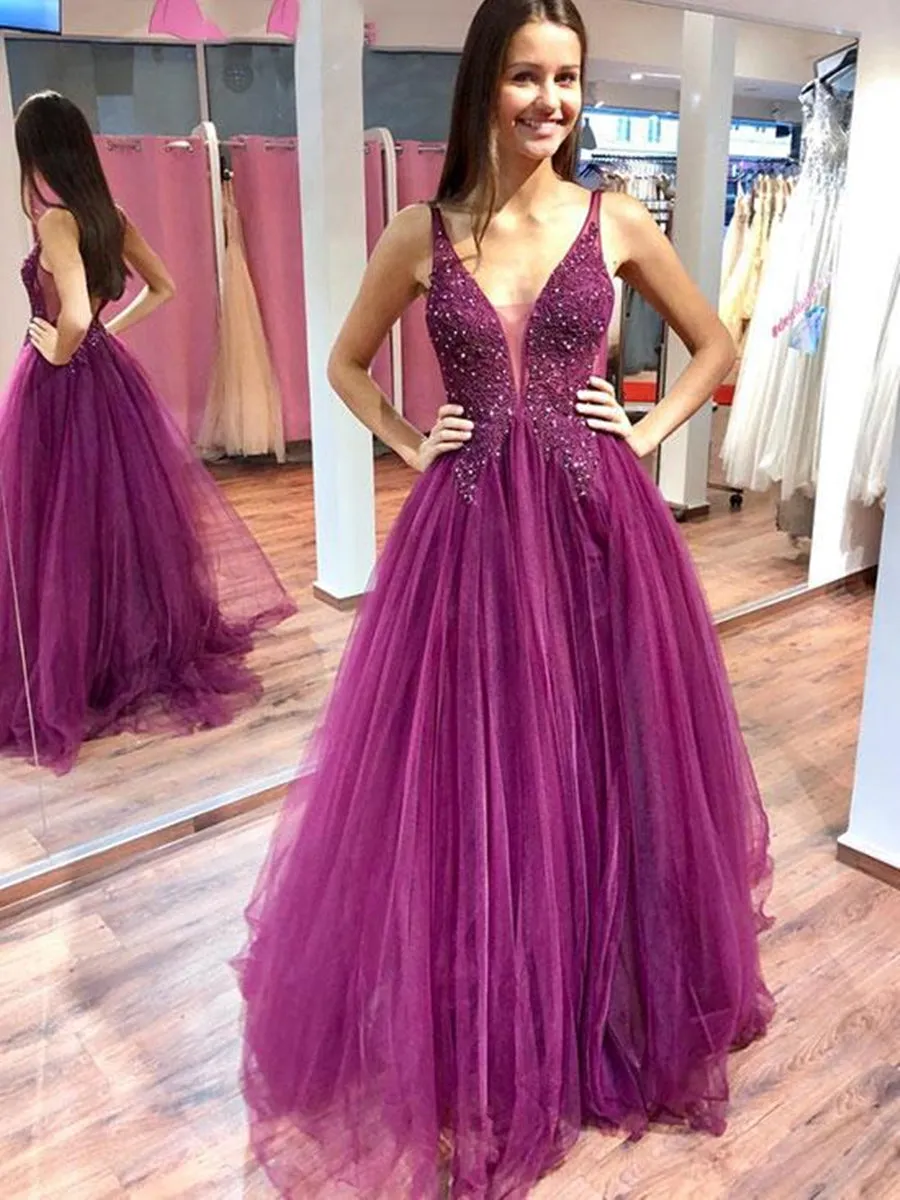 Charming Purple V Neck Beaded Lace Top Long Prom, Purple Formal, Evening