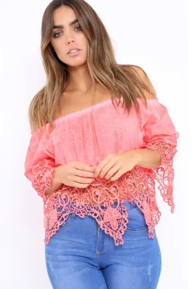 Coral Bardot Crochet Top - Liv