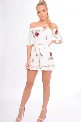 Cream Bardot Floral Playsuit - Estee