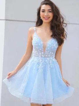 Cute V Neck Light Blue Lace Floral Short Prom Homecoming Dresses, Light Blue Lace Formal Graduation Evening Dresses