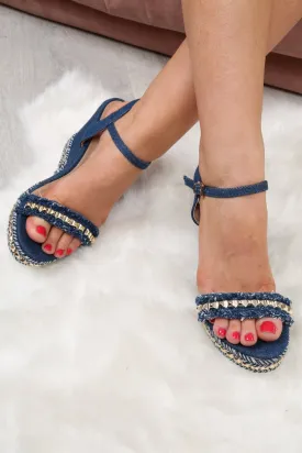 Dark Blue Denim Studded Wedges - Destina