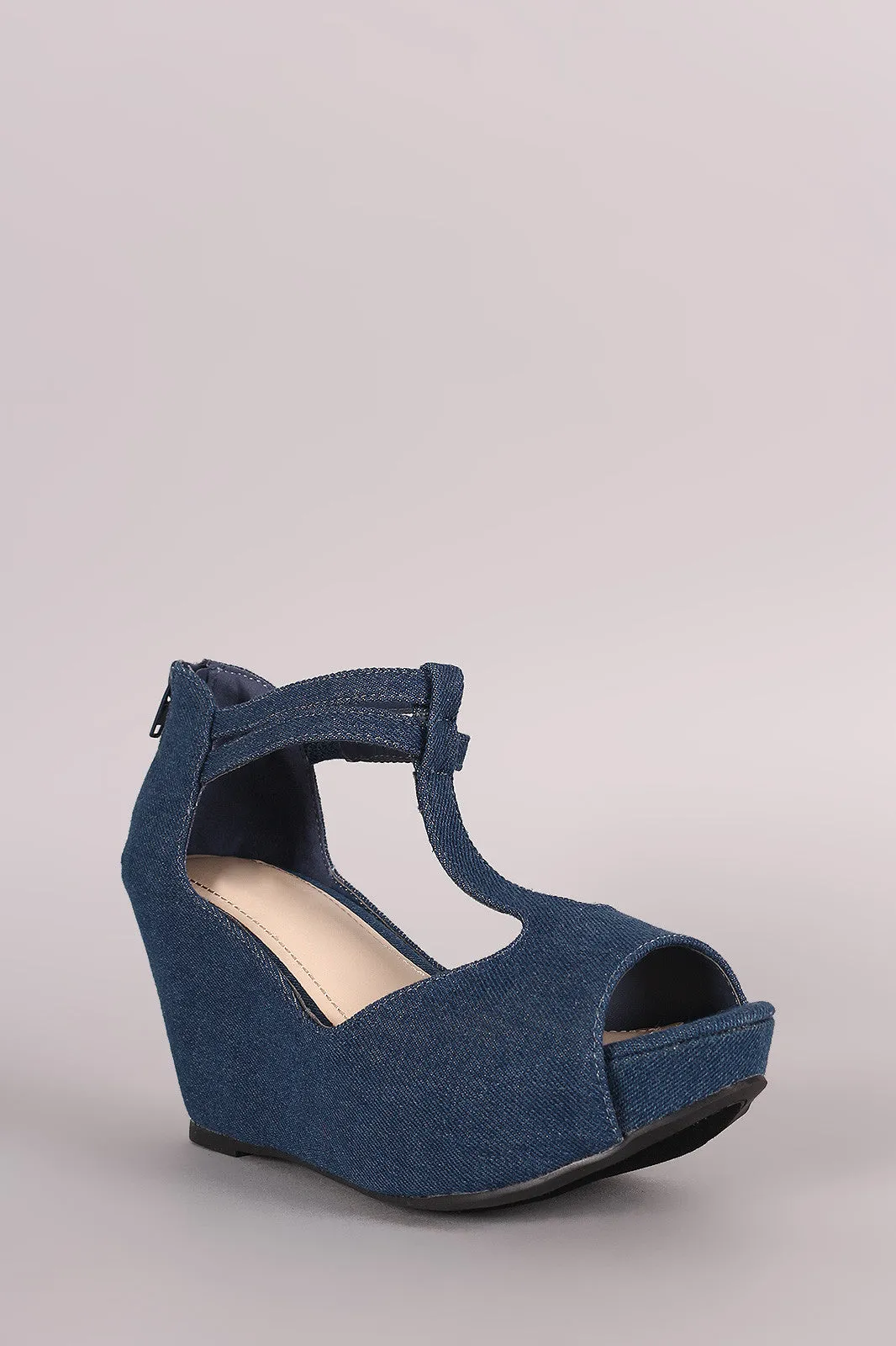 Denim Peep Toe T-Strap Platform Wedge