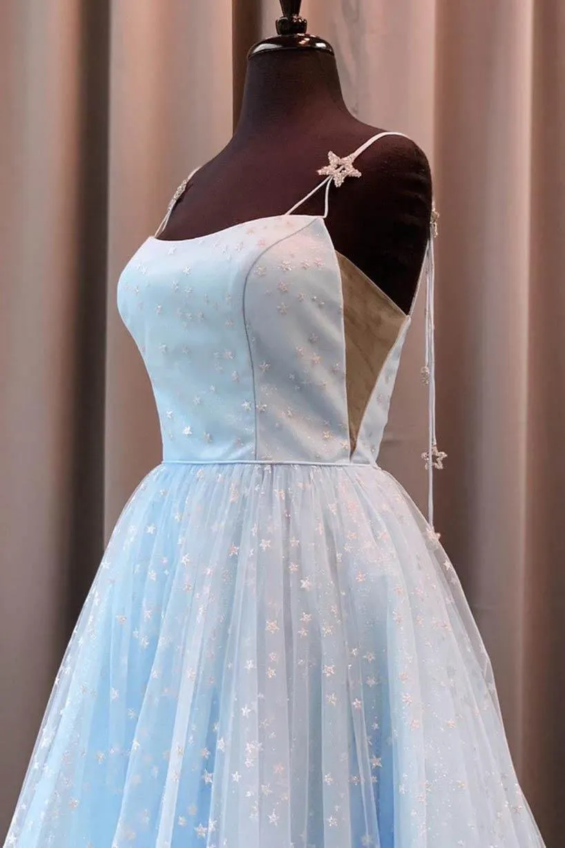 Elegant A-Line Straps Light Blue Long Prom Dress with Stars PSK129