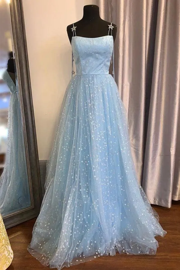 Elegant A-Line Straps Light Blue Long Prom Dress with Stars PSK129