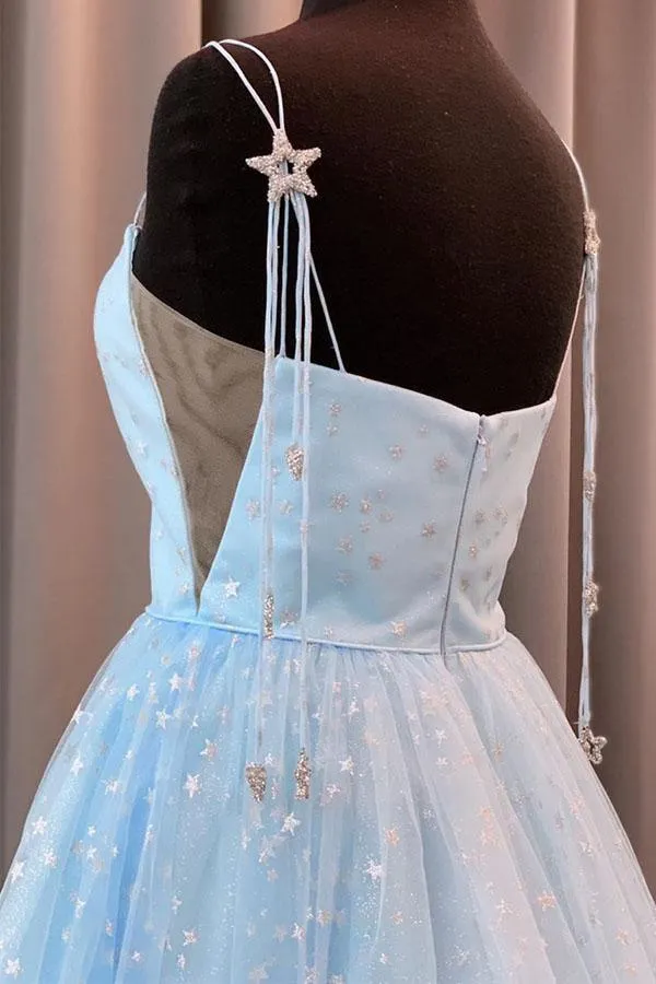 Elegant A-Line Straps Light Blue Long Prom Dress with Stars PSK129