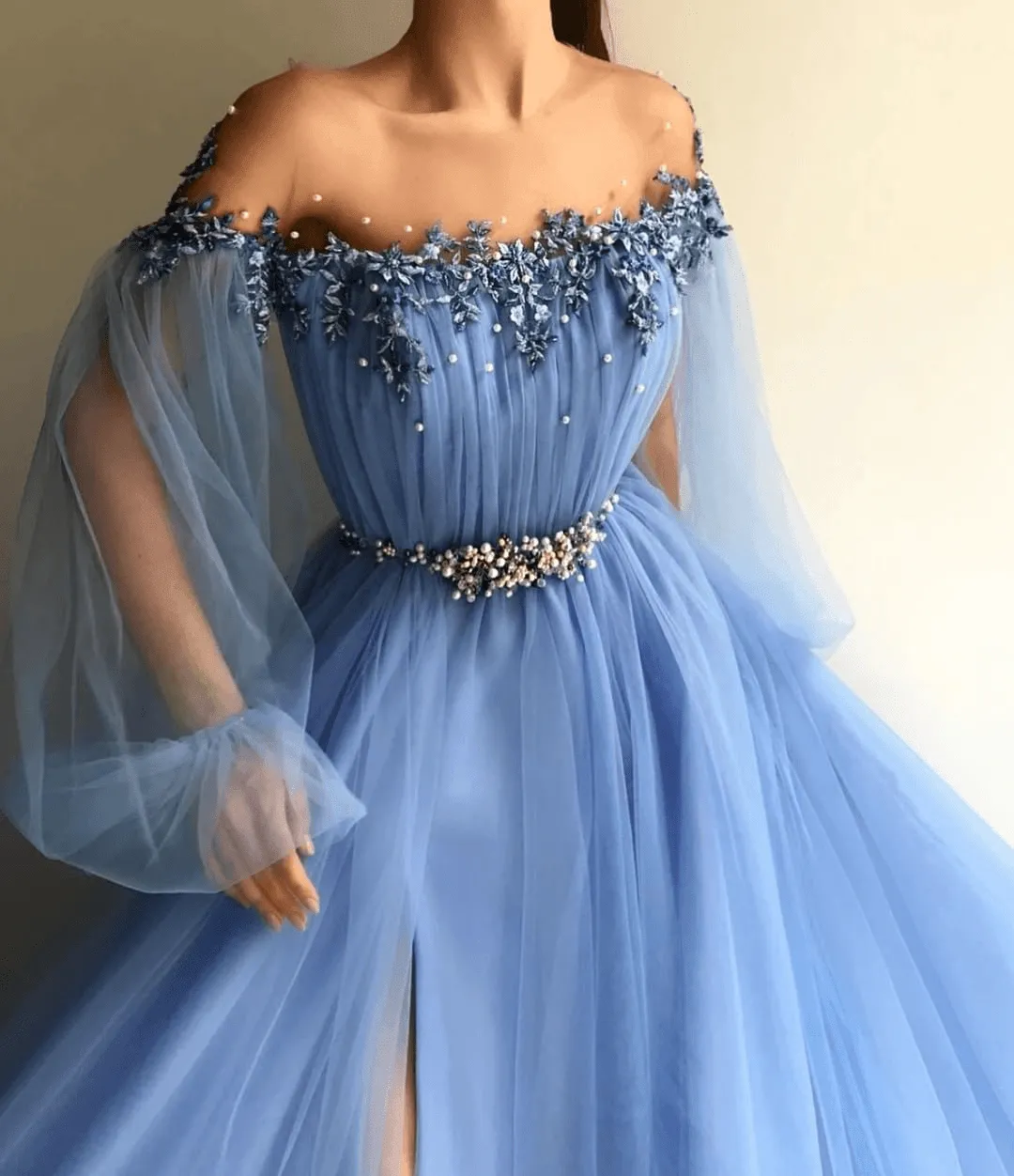 Elegant Blue Long Sleeves Off the Shoulder Split Prom Dress WD572