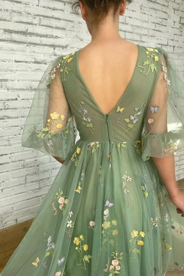 Elegant Green Tea Length Half Sleeves Prom Dresses Short Homecoming Dresses PSK362