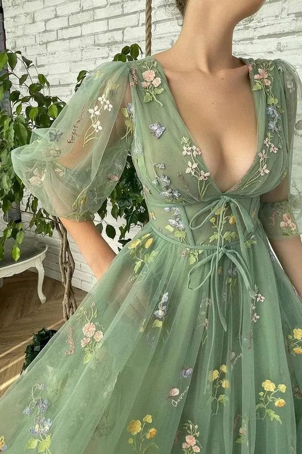 Elegant Green Tea Length Half Sleeves Prom Dresses Short Homecoming Dresses PSK362