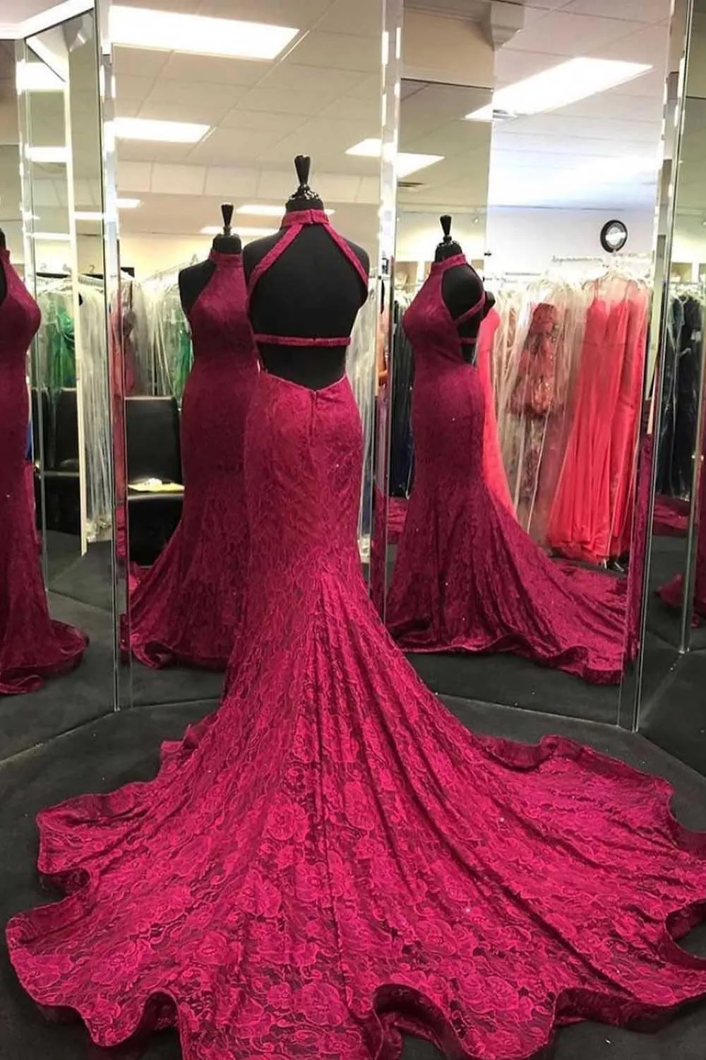 Elegant Mermaid Halter Neck Burgundy Lace Prom Dress Evening Dress  PSK218