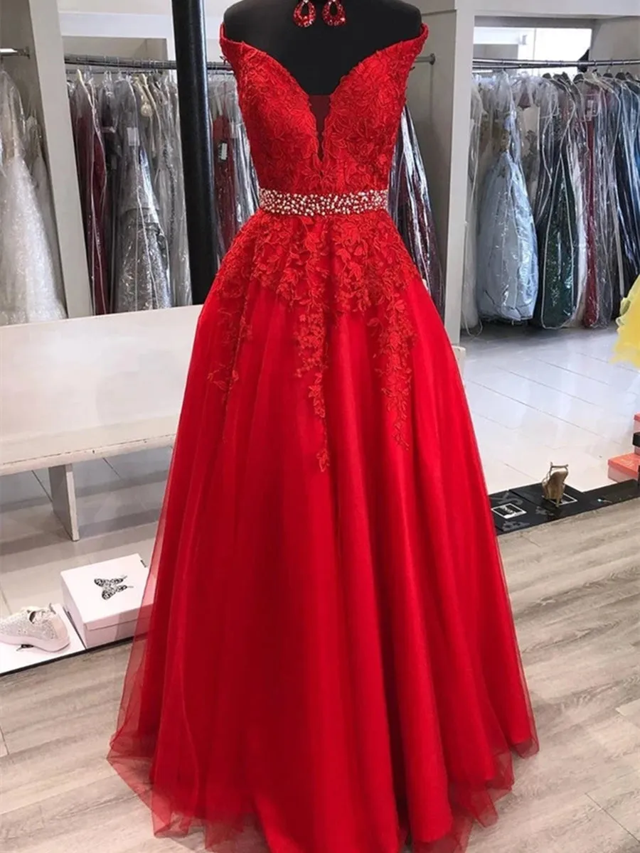 Elegant Off Shoulder Red Lace Long Prom with Belt, Off Shoulder Red Formal, Red Lace Evening