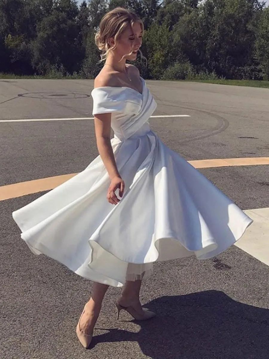 Elegant Off the Shoulder Tea Length White Satin Prom, Off Shoulder White Formal Graduation Homecoming