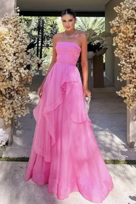 Elegant Strapless Layered Pink Prom Dresses Long, Strapless Pink Formal Graduation Evening Dresses A1868