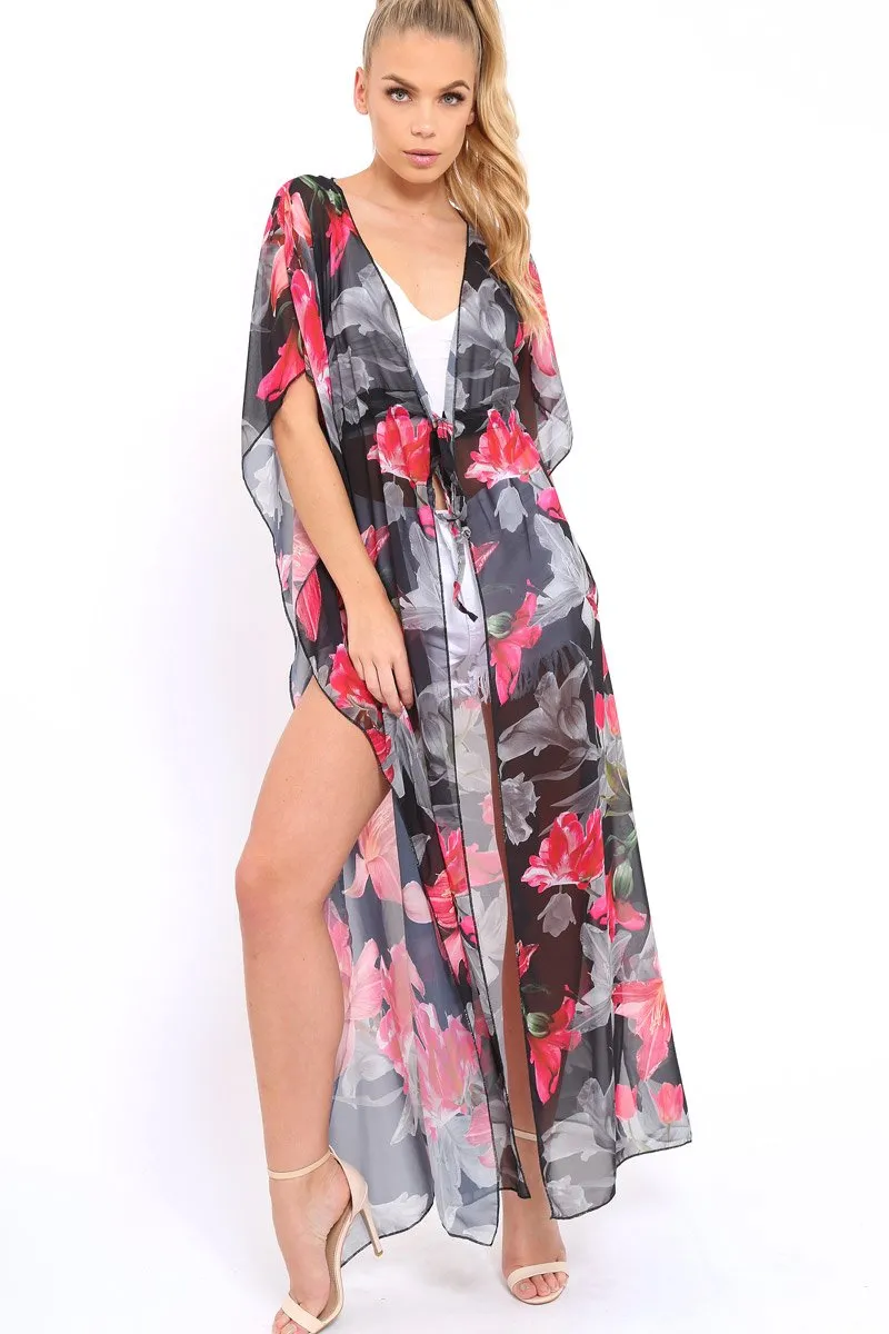 Fuchsia Floral Print Long Kimono - Vonda