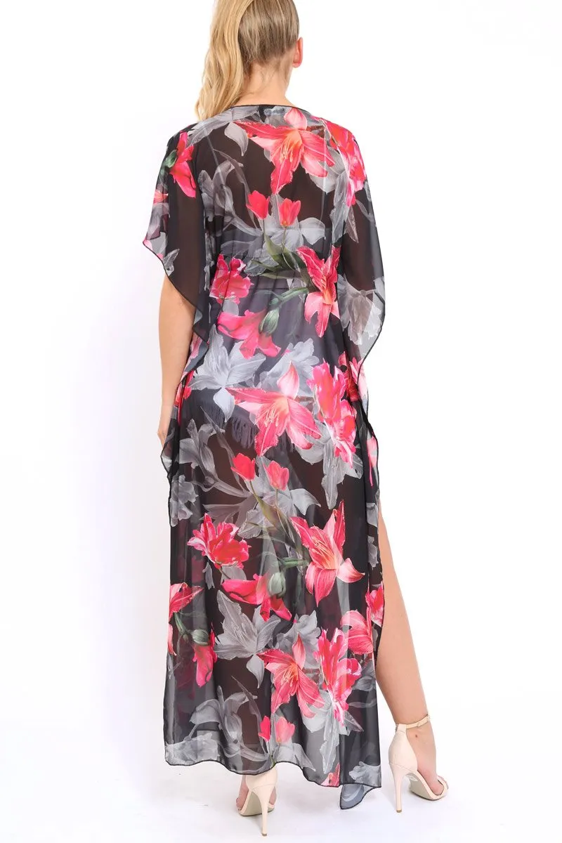 Fuchsia Floral Print Long Kimono - Vonda