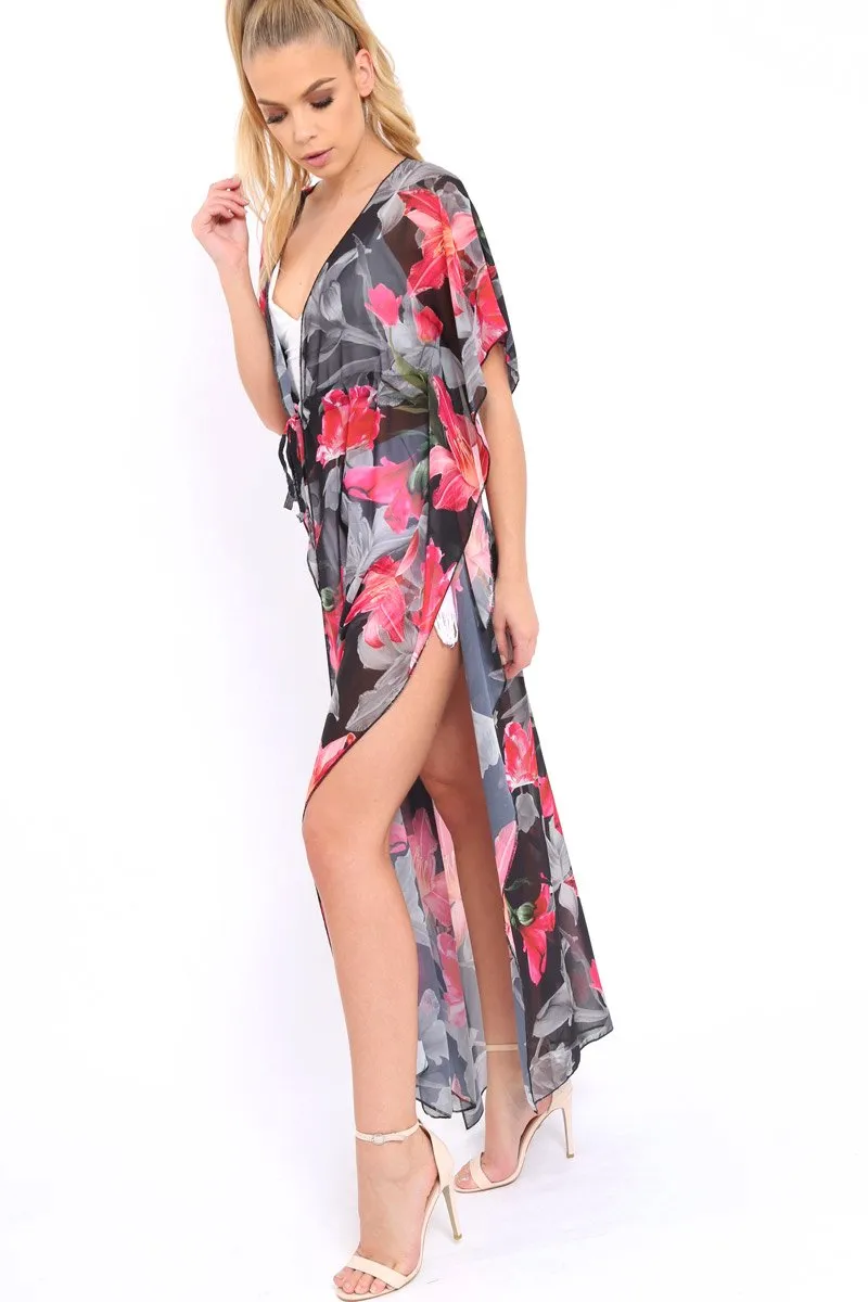 Fuchsia Floral Print Long Kimono - Vonda